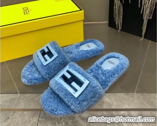 Good Looking Fendi Signature Shearling Wool Flat Slide Sandals Blue 902055