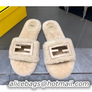 Unique Style Fendi Signature Shearling Wool Flat Slide Sandals Light Beige 902056