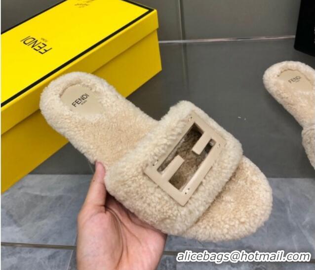 Unique Style Fendi Signature Shearling Wool Flat Slide Sandals Light Beige 902056