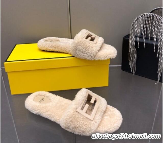 Unique Style Fendi Signature Shearling Wool Flat Slide Sandals Light Beige 902056