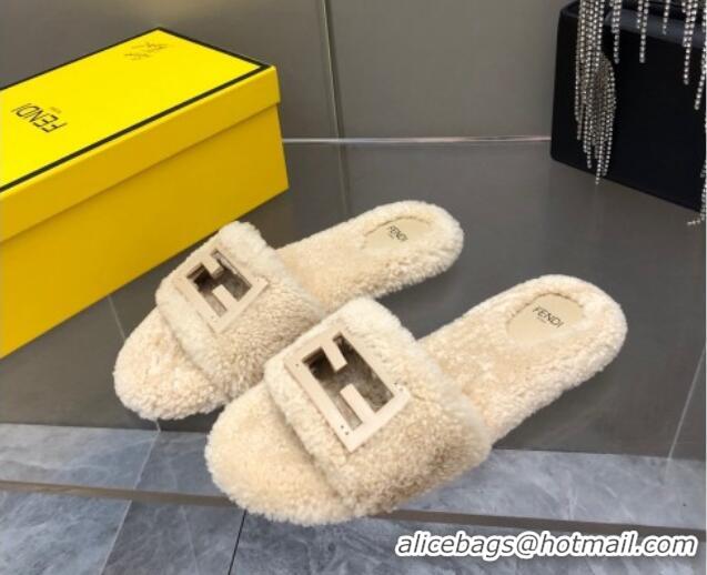 Unique Style Fendi Signature Shearling Wool Flat Slide Sandals Light Beige 902056