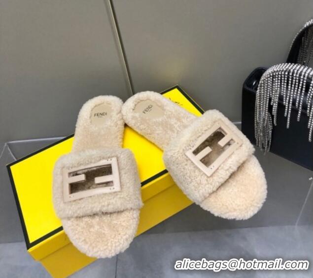 Unique Style Fendi Signature Shearling Wool Flat Slide Sandals Light Beige 902056