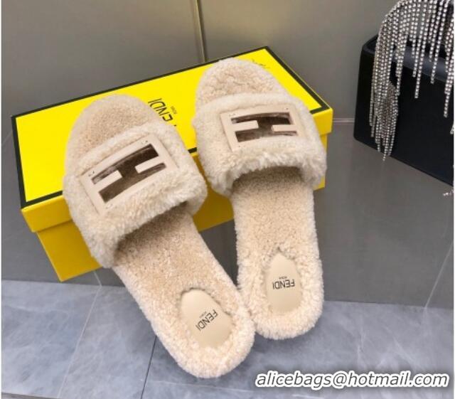 Unique Style Fendi Signature Shearling Wool Flat Slide Sandals Light Beige 902056