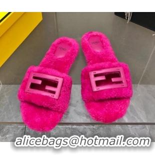 Most Popular Fendi Signature Shearling Wool Flat Slide Sandals Dark Pink 902057