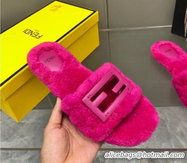 Most Popular Fendi Signature Shearling Wool Flat Slide Sandals Dark Pink 902057