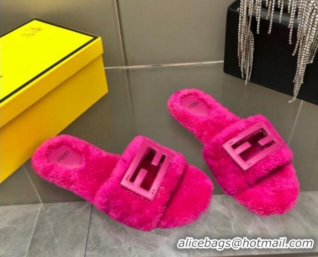 Most Popular Fendi Signature Shearling Wool Flat Slide Sandals Dark Pink 902057