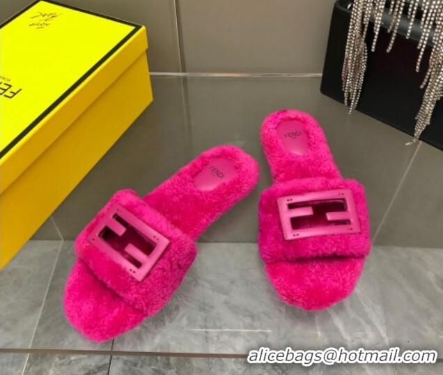 Most Popular Fendi Signature Shearling Wool Flat Slide Sandals Dark Pink 902057