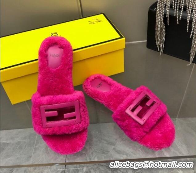 Most Popular Fendi Signature Shearling Wool Flat Slide Sandals Dark Pink 902057