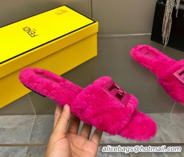 Most Popular Fendi Signature Shearling Wool Flat Slide Sandals Dark Pink 902057