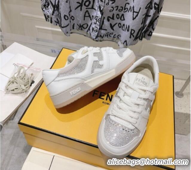 Pretty Style Fendi Match Low Top Sneakers in Leather and Crystals White 910136