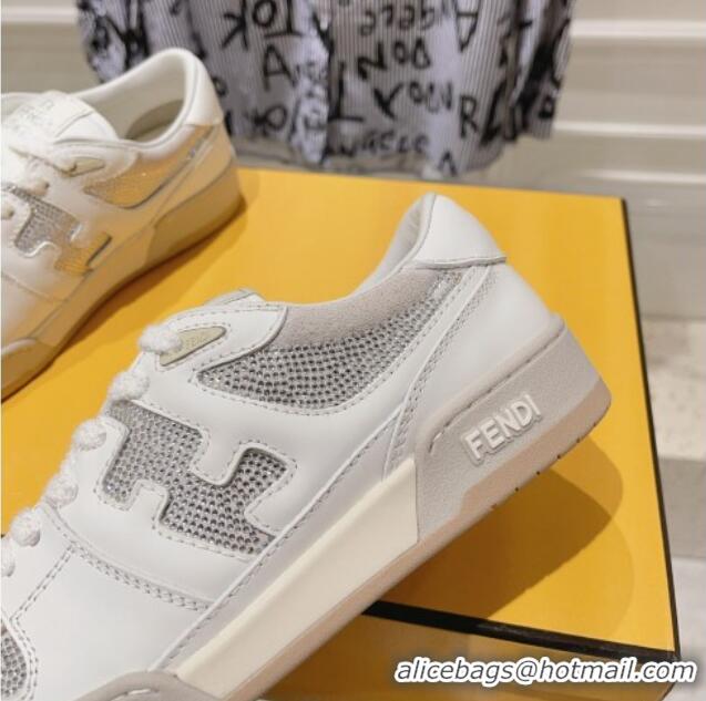 Pretty Style Fendi Match Low Top Sneakers in Leather and Crystals White 910136