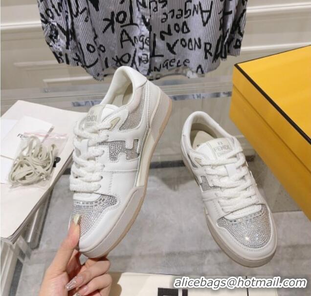 Pretty Style Fendi Match Low Top Sneakers in Leather and Crystals White 910136