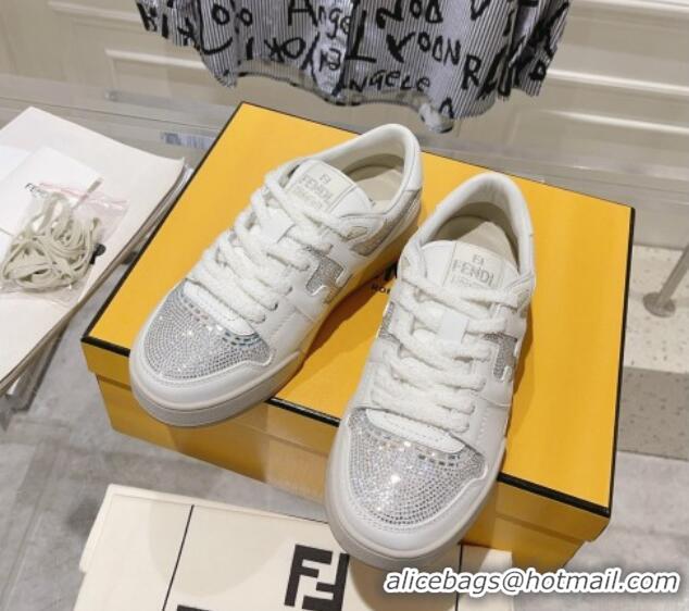 Pretty Style Fendi Match Low Top Sneakers in Leather and Crystals White 910136