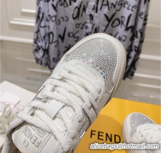 Pretty Style Fendi Match Low Top Sneakers in Leather and Crystals White 910136