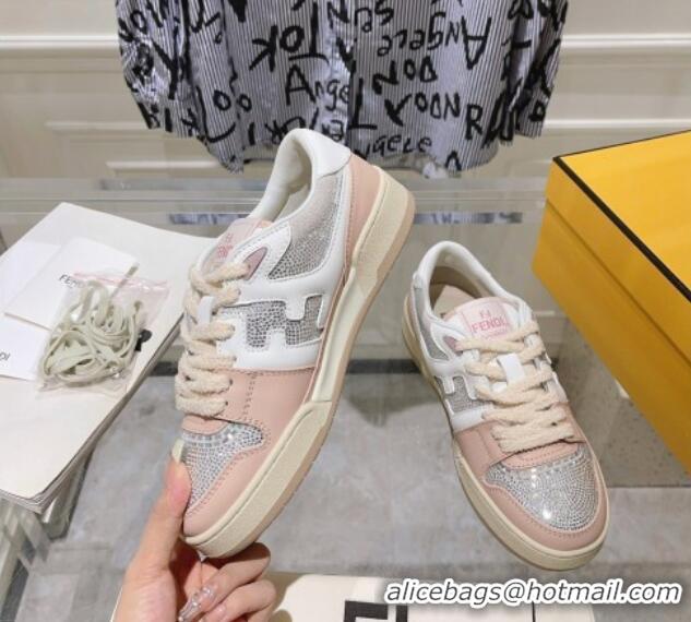 Top Grade Fendi Match Low Top Sneakers in Leather and Crystals Light Pink 910137