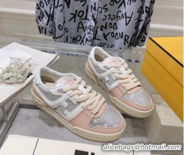 Top Grade Fendi Match Low Top Sneakers in Leather and Crystals Light Pink 910137