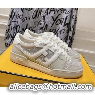 Popular Style Fendi Match Low Top Sneakers in Leather and Crystals Light Grey 910139