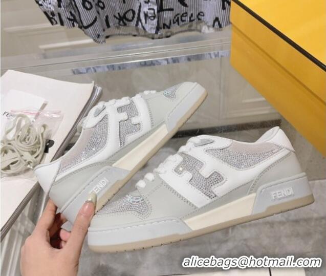 Popular Style Fendi Match Low Top Sneakers in Leather and Crystals Light Grey 910139