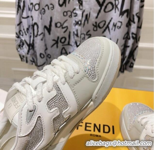 Popular Style Fendi Match Low Top Sneakers in Leather and Crystals Light Grey 910139