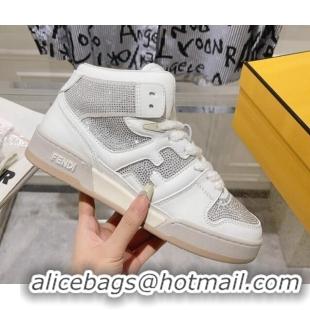 Best Product Fendi Match High Top Sneakers in Leather and Crystals White 910140