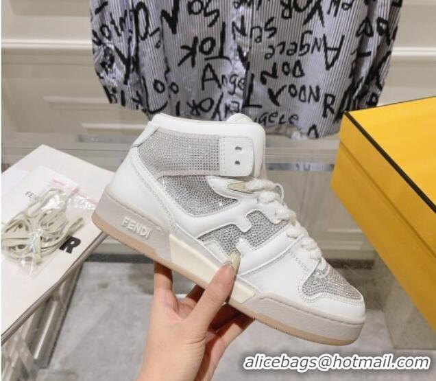 Best Product Fendi Match High Top Sneakers in Leather and Crystals White 910140