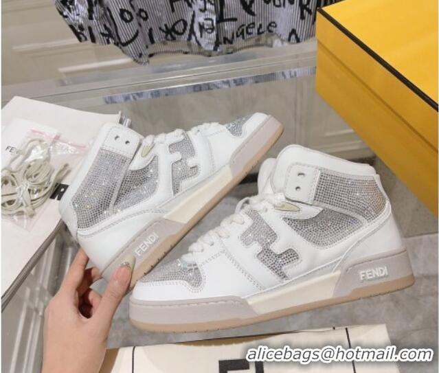 Best Product Fendi Match High Top Sneakers in Leather and Crystals White 910140