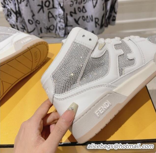 Best Product Fendi Match High Top Sneakers in Leather and Crystals White 910140