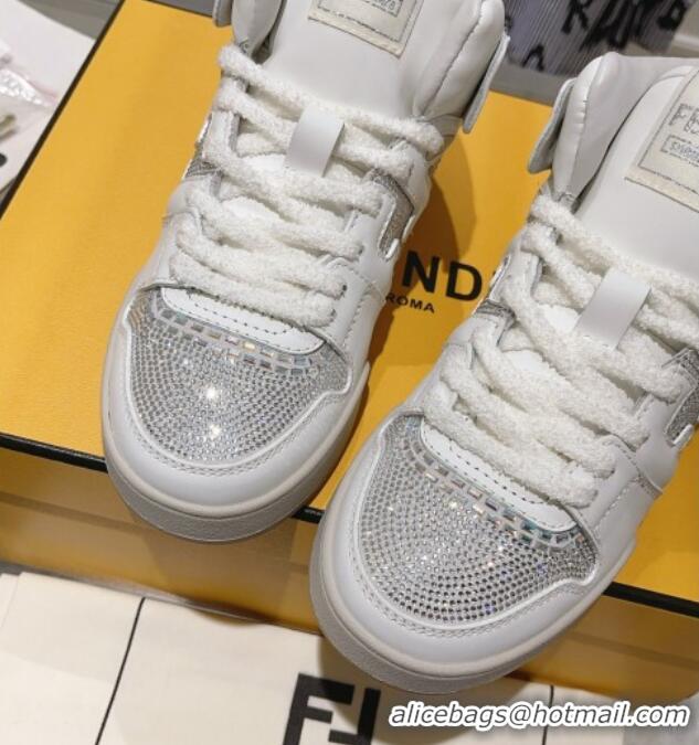 Best Product Fendi Match High Top Sneakers in Leather and Crystals White 910140