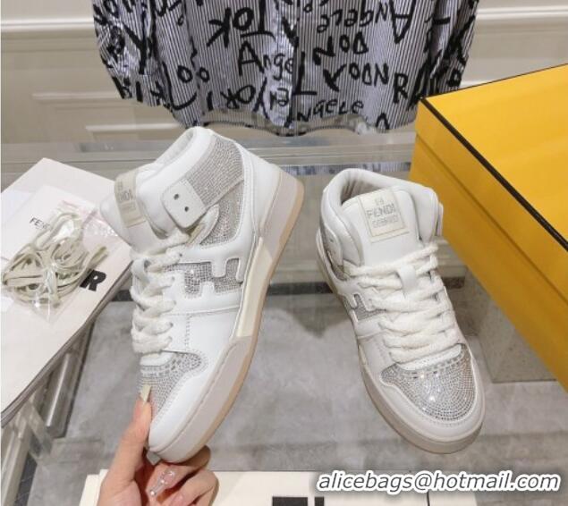 Best Product Fendi Match High Top Sneakers in Leather and Crystals White 910140