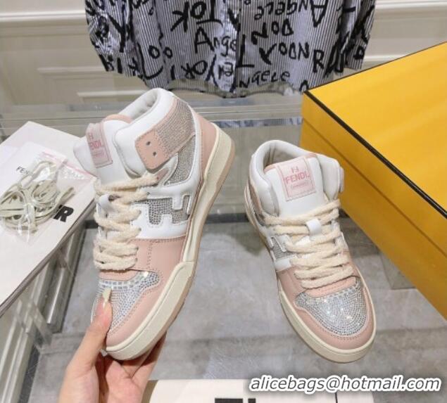 Good Quality Fendi Match High Top Sneakers in Leather and Crystals Light Pink 910142