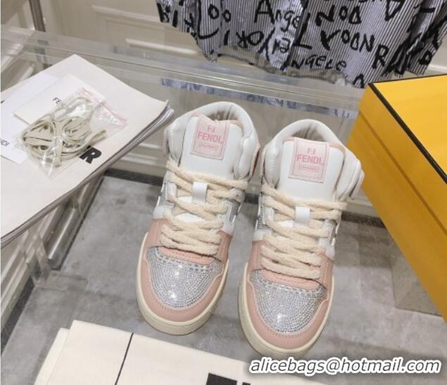 Good Quality Fendi Match High Top Sneakers in Leather and Crystals Light Pink 910142