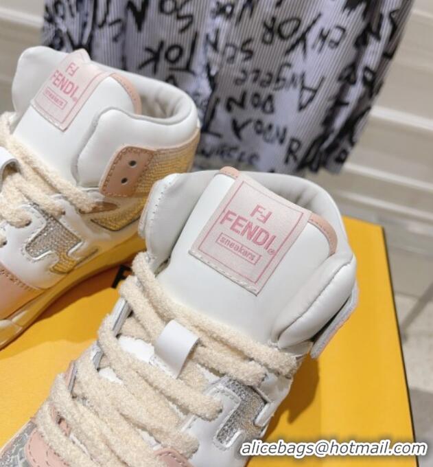 Good Quality Fendi Match High Top Sneakers in Leather and Crystals Light Pink 910142