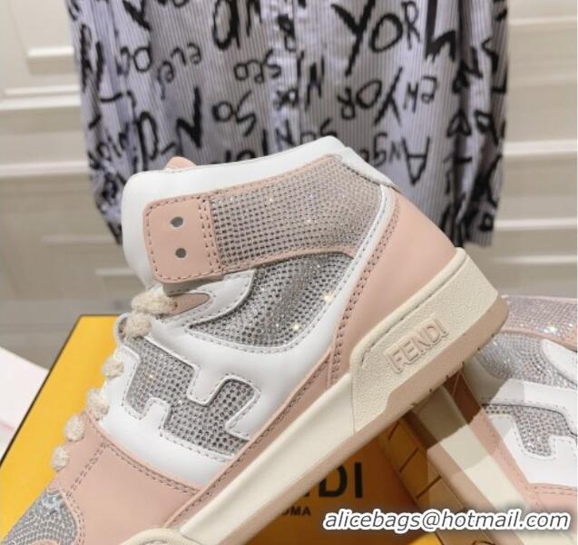 Good Quality Fendi Match High Top Sneakers in Leather and Crystals Light Pink 910142