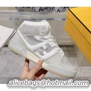 Shop Duplicate Fendi Match High Top Sneakers in Leather and Crystals Light Grey 910143