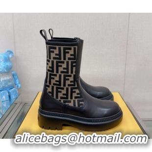 Purchase Fendi Domino Ankle Biker Boots in Leather and FF Knit Black/Beige 912010