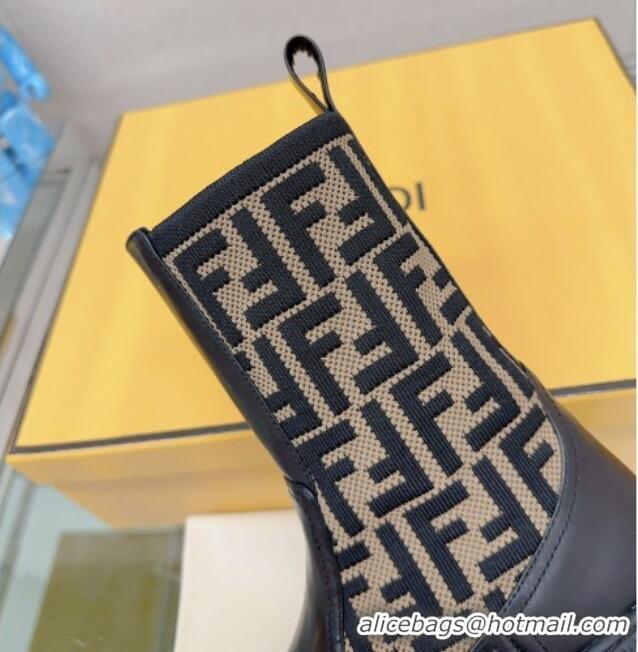 Purchase Fendi Domino Ankle Biker Boots in Leather and FF Knit Black/Beige 912010