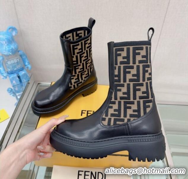 Purchase Fendi Domino Ankle Biker Boots in Leather and FF Knit Black/Beige 912010