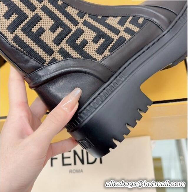 Cheapest Fendi Domino Ankle Biker Boots in Leather and FF Knit Black/Beige 912011 