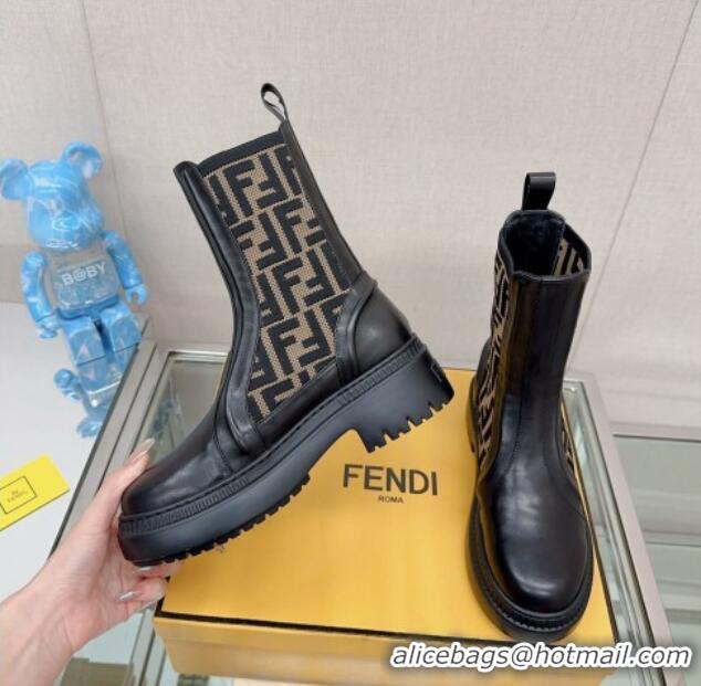 Cheapest Fendi Domino Ankle Biker Boots in Leather and FF Knit Black/Beige 912011 