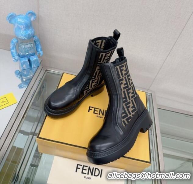 Cheapest Fendi Domino Ankle Biker Boots in Leather and FF Knit Black/Beige 912011 