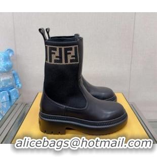 Classic Hot Fendi Domino Ankle Biker Boots in Leather and Knit with FF Trim Black 912012