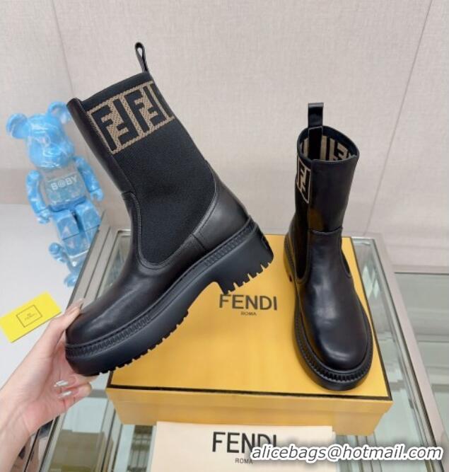 Classic Hot Fendi Domino Ankle Biker Boots in Leather and Knit with FF Trim Black 912012