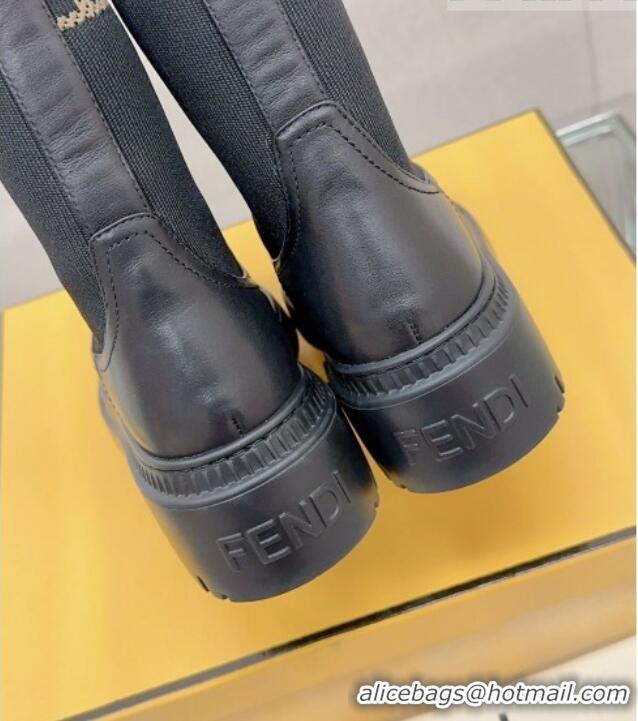 Classic Hot Fendi Domino Ankle Biker Boots in Leather and Knit with FF Trim Black 912012