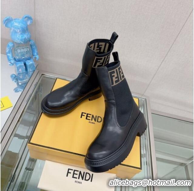 Classic Hot Fendi Domino Ankle Biker Boots in Leather and Knit with FF Trim Black 912012