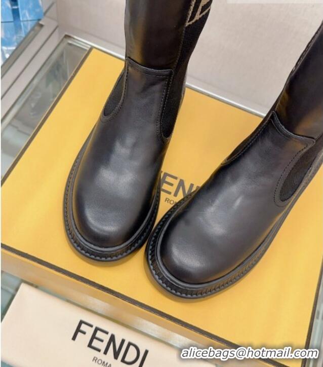 Classic Hot Fendi Domino Ankle Biker Boots in Leather and Knit with FF Trim Black 912012