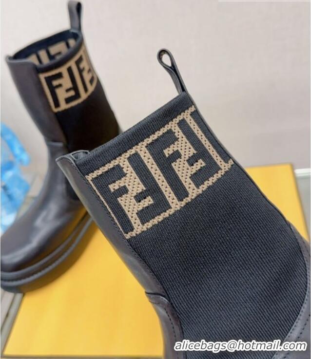 Classic Hot Fendi Domino Ankle Biker Boots in Leather and Knit with FF Trim Black 912012