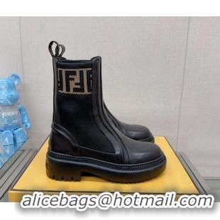 Classic Fendi Domino Ankle Biker Boots in Leather and Knit with FF Trim Black 912013