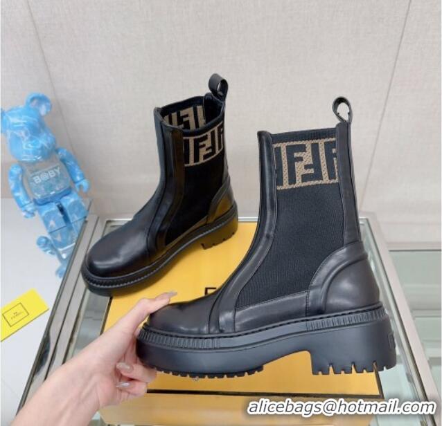 Classic Fendi Domino Ankle Biker Boots in Leather and Knit with FF Trim Black 912013