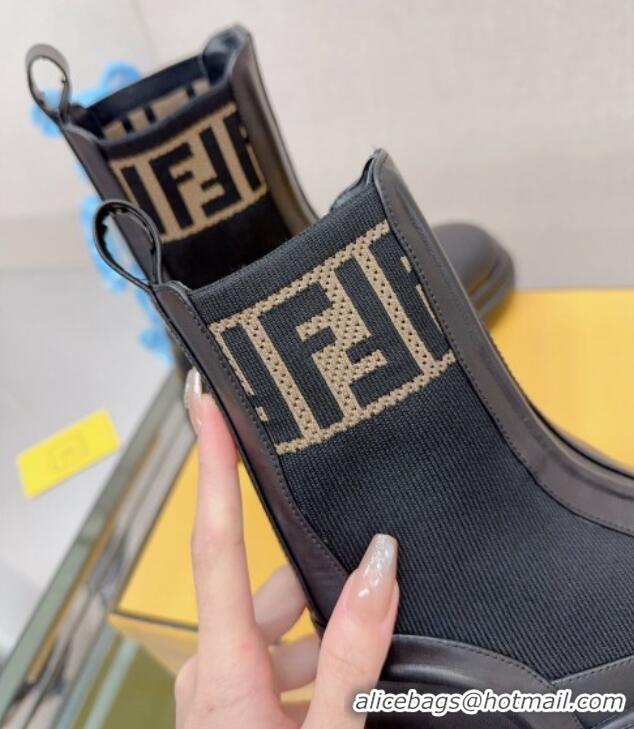 Classic Fendi Domino Ankle Biker Boots in Leather and Knit with FF Trim Black 912013