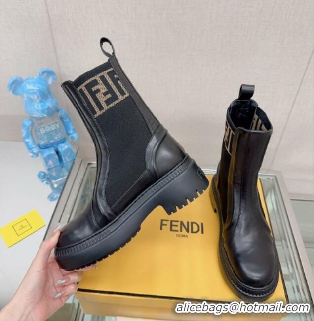 Classic Fendi Domino Ankle Biker Boots in Leather and Knit with FF Trim Black 912013